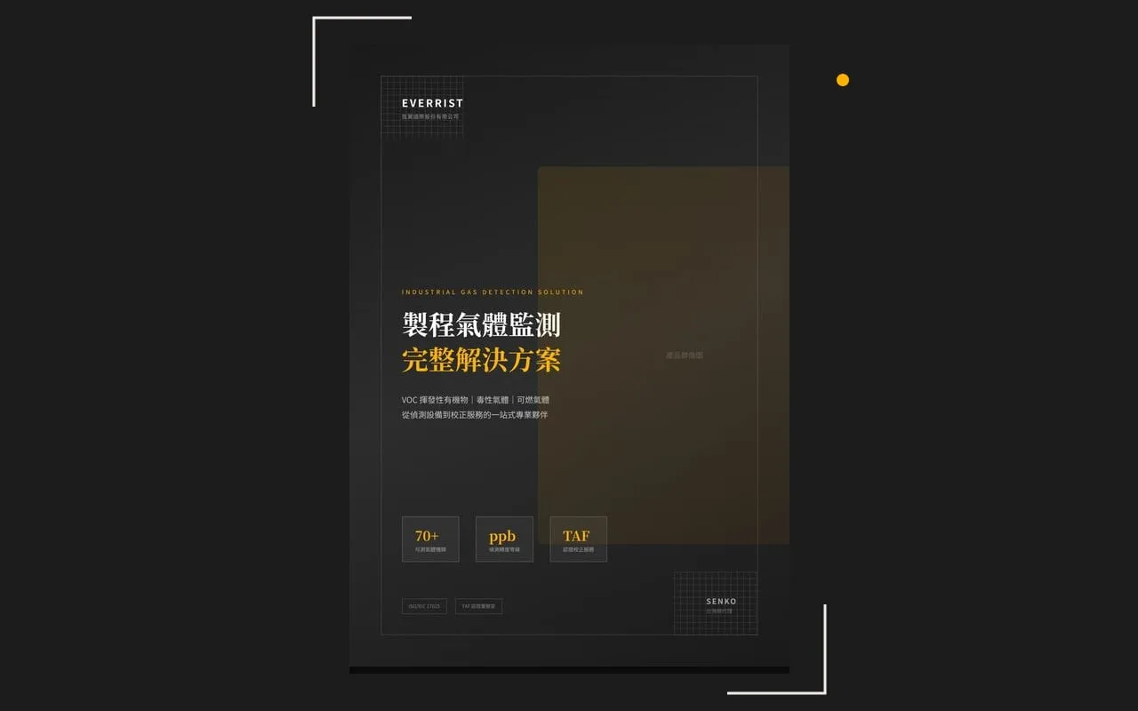 The catalog design's black cover — 製程氣體監測 完整解決方案 (process gas monitoring, a complete solution) — on cream paper between two thin L-shaped corner frames. At night.