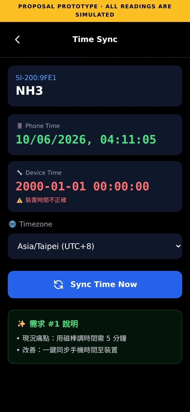Time Sync screen: the phone time in green above the device time, 2000-01-01 00:00:00, in red with a warning, a time zone picker and a Sync Time Now button.