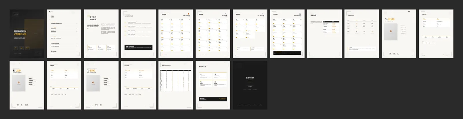 The new catalog design's pages as thumbnails at the same scale, two rows deep — cover, contents, a feature story, gas encyclopedia pages, a buying guide, product spreads, a matrix and a back cover.