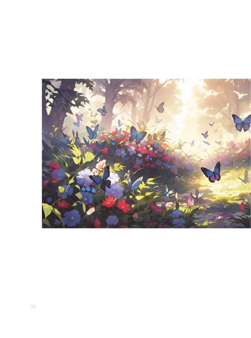 The opener of Lecture 3 in the first month: an illustration of a sunlit garden full of flowers and blue butterflies spans the fold. On the right, a short story in Chinese: Jack and Jill chase butterflies in a park, and Jack wonders whether adding up each small step would trace the whole path.