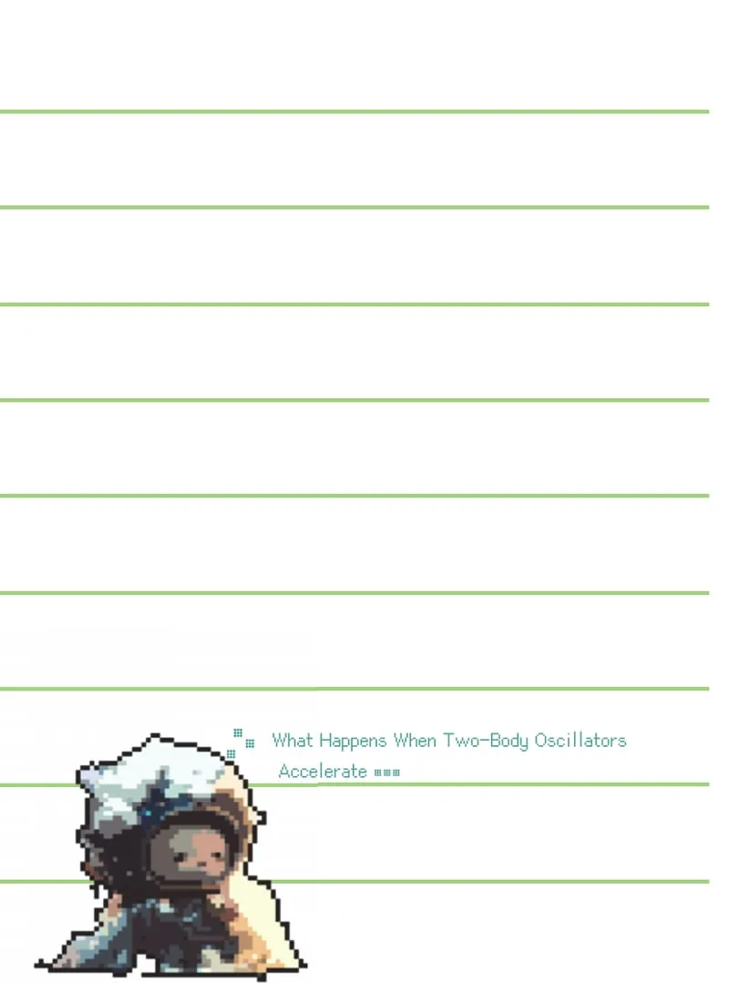 Left page: the right half of Lecture 21's opener, a pixel-art astronaut on ruled green lines with the English title. Right page: handwritten notes in blue and red on the principle of relativity and inertial forces, with diagrams of two observers.