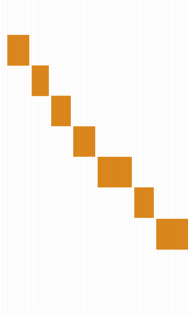 The fourth month's fore-edge rebuilt from its print file and stretched sideways: seven tab blocks step down from the top left to the lower right, one per lecture.