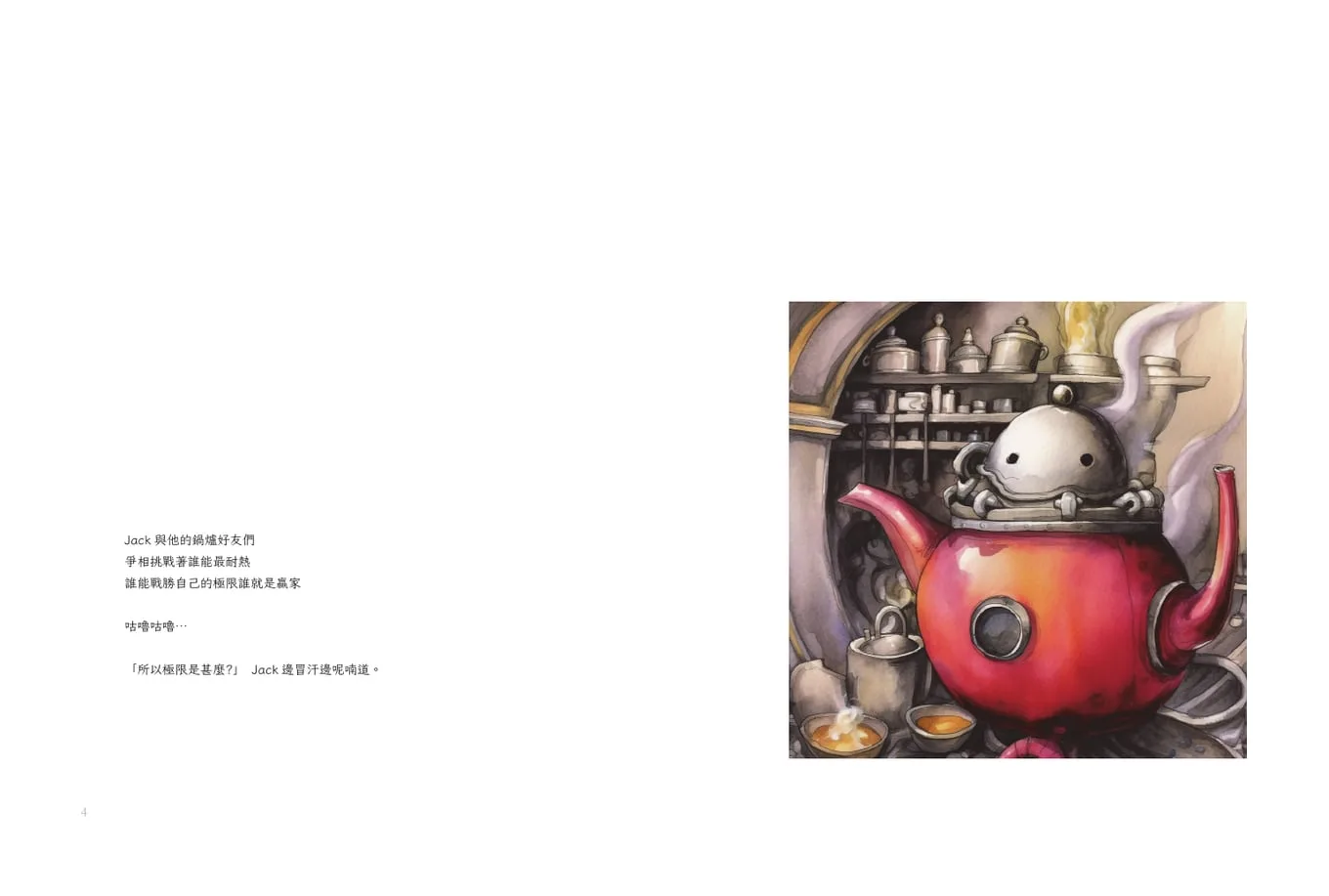 First lecture opener of the first month: a short story on the left page, an illustration of a red teapot machine on the right.