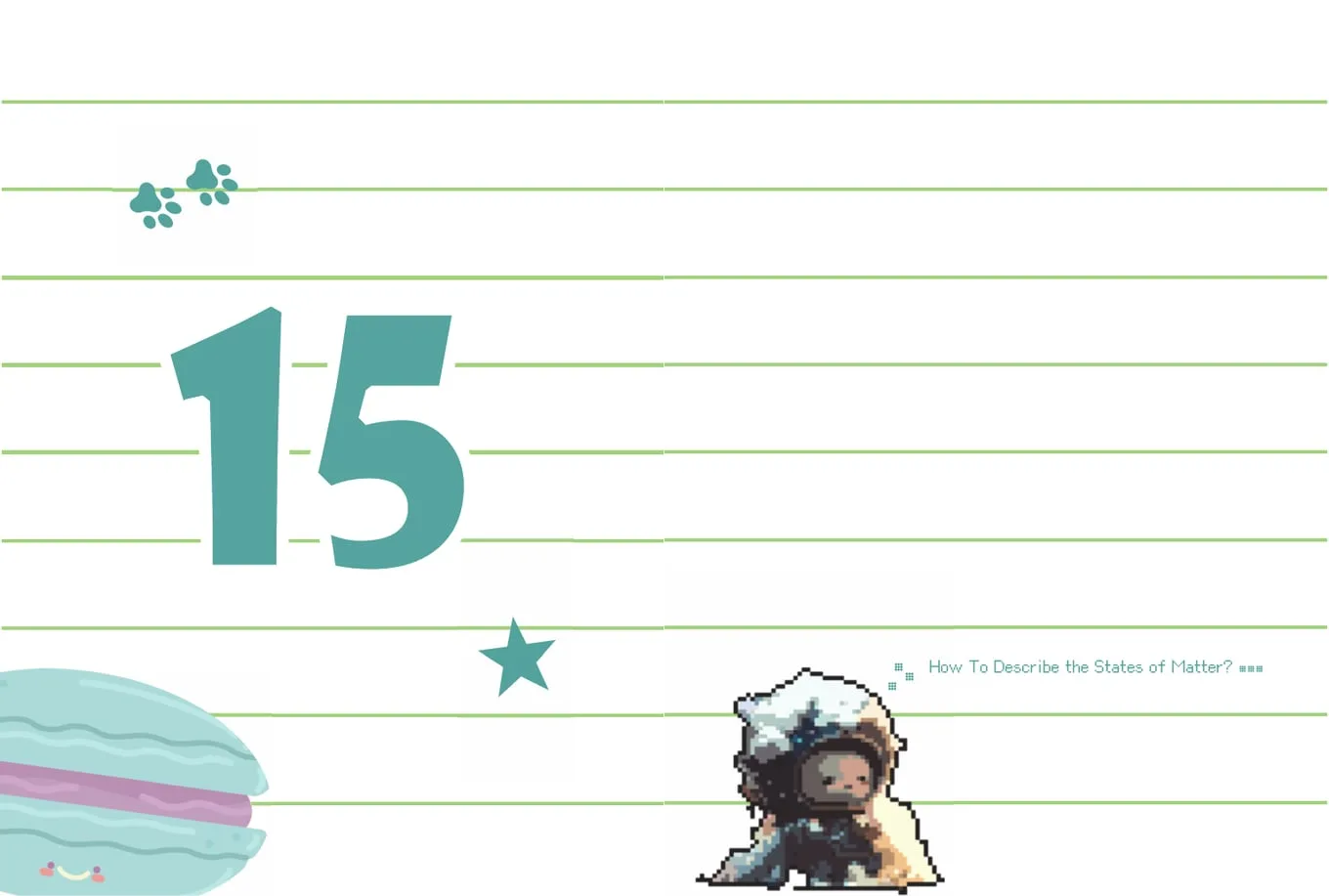First lecture opener of the third month: a large teal lecture number on ruled green lines beside a macaron, and a pixel-art figure next to the lecture title in English.