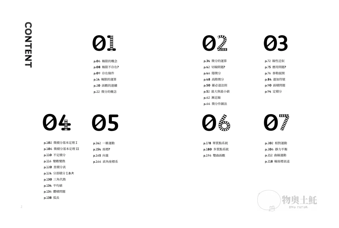 Contents spread of the first month: CONTENT set vertically, with large stencil lecture numbers and a page list under each.