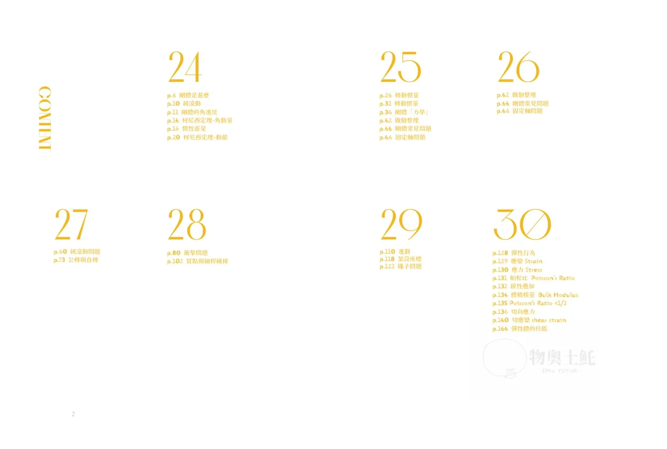 Contents spread of the fourth month: CONTENT set vertically in yellow, with large thin serif numerals for Lectures 24 to 30 and a page list under each.