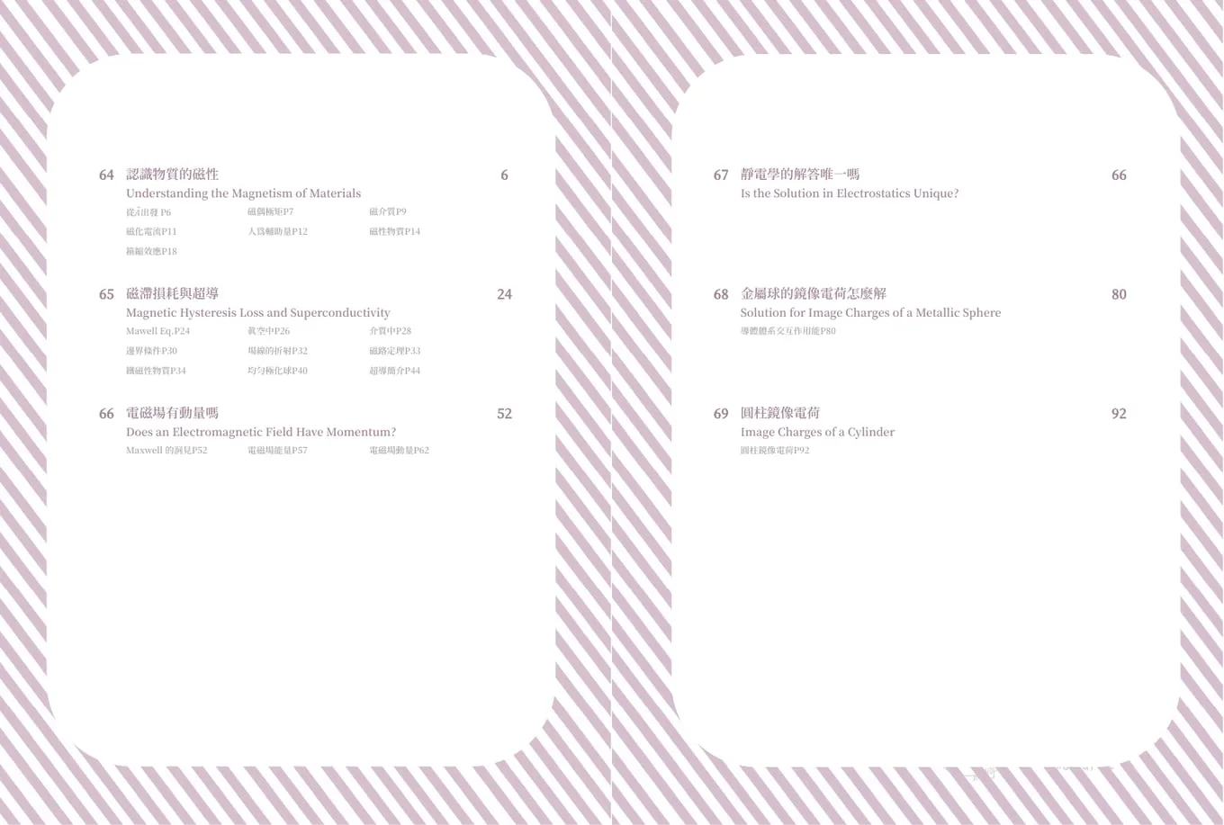 Contents spread of the ninth month: lavender diagonal stripes around two rounded white panels that list the lectures.