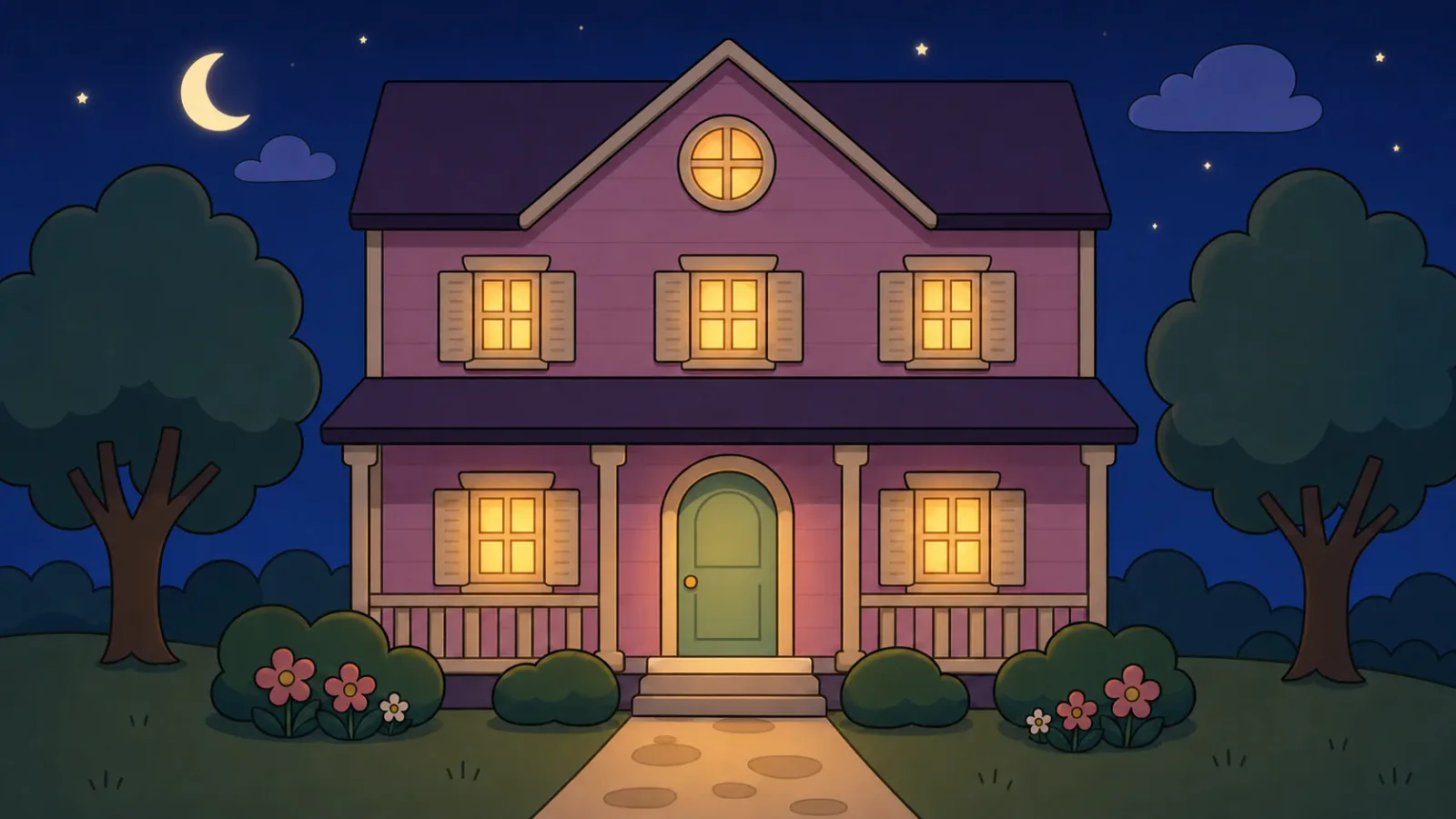 同一棟小屋的夜景,窗內亮著燈