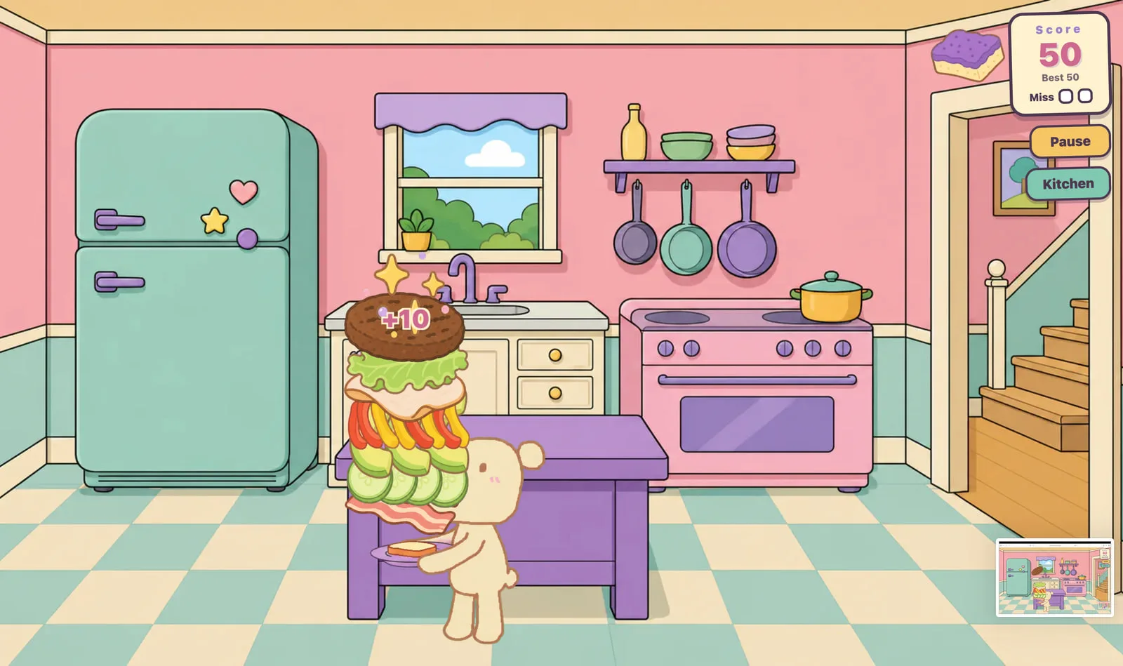 Sandwich Stack in progress, with ingredients piling up and a plus-ten score indicator.