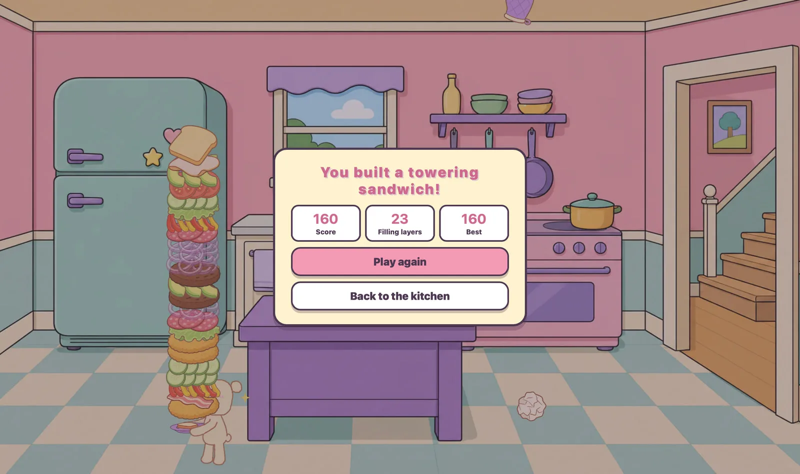 Sandwich Stack result screen showing a score of 160 and options to play again or return to the kitchen.