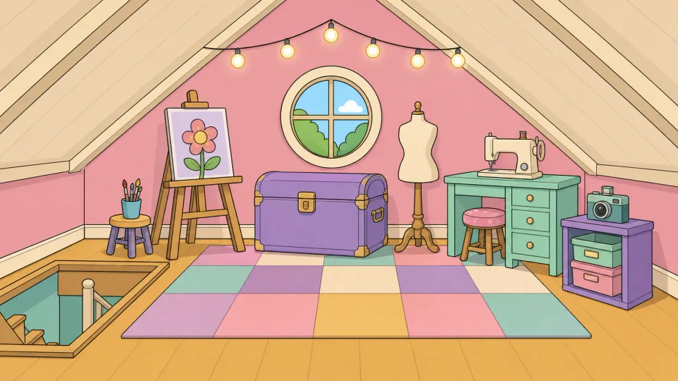 The attic studio: a sloped-roof room with an easel, a work table and framed pictures.