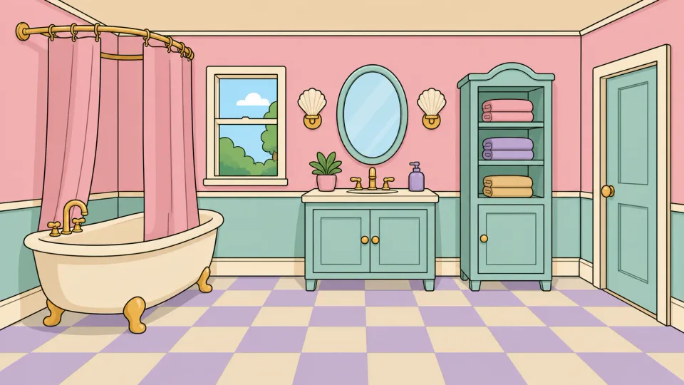 The pastel bathroom with a tub.