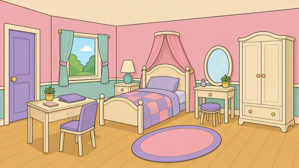 The bedroom: a bed, a desk with a diary and a window.