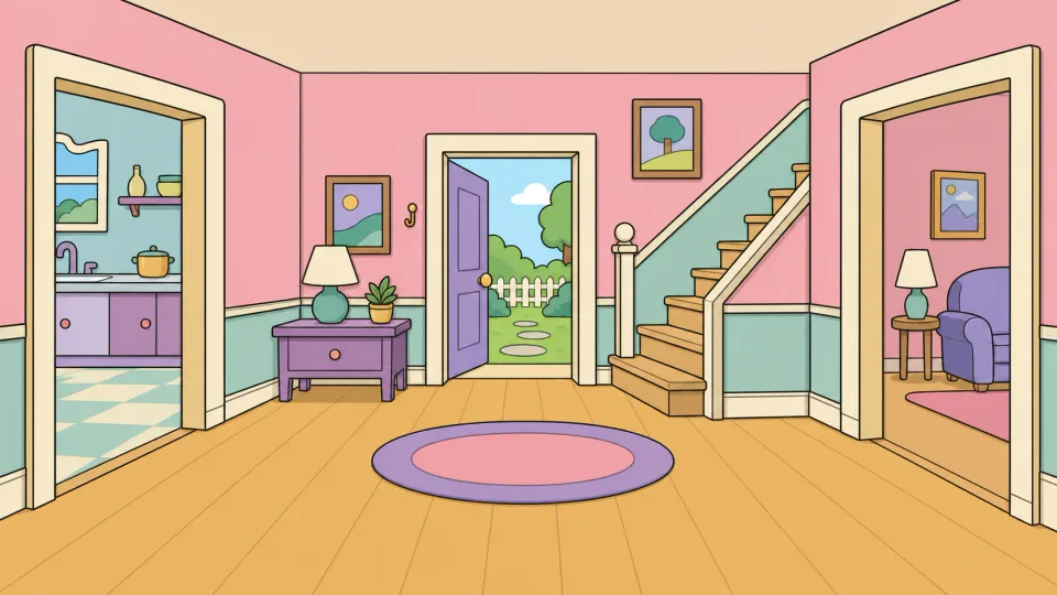 The ground-floor hall, with doors left and right, a garden door and the stairs.