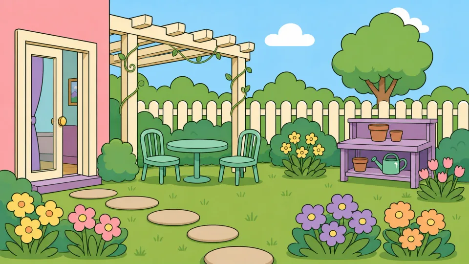 The back garden with a round table among flowers.