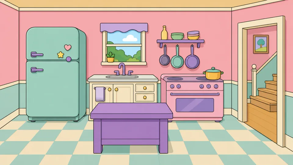 The kitchen with a mint fridge, a pink stove and a purple island.