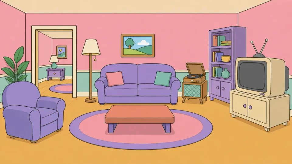 The pastel living room with a sofa, a record player and a retro television.
