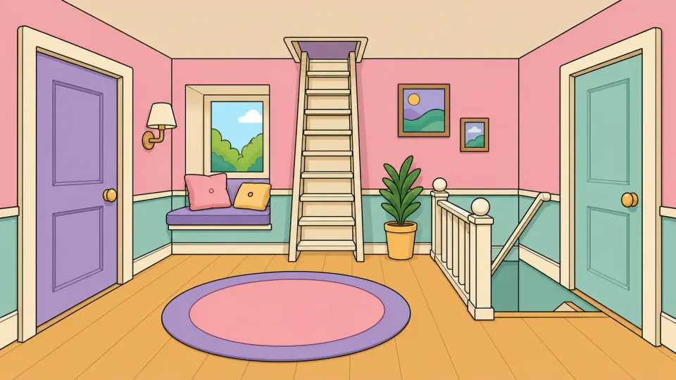 The upstairs landing with doors to the bedroom and bathroom and a ladder to the attic.