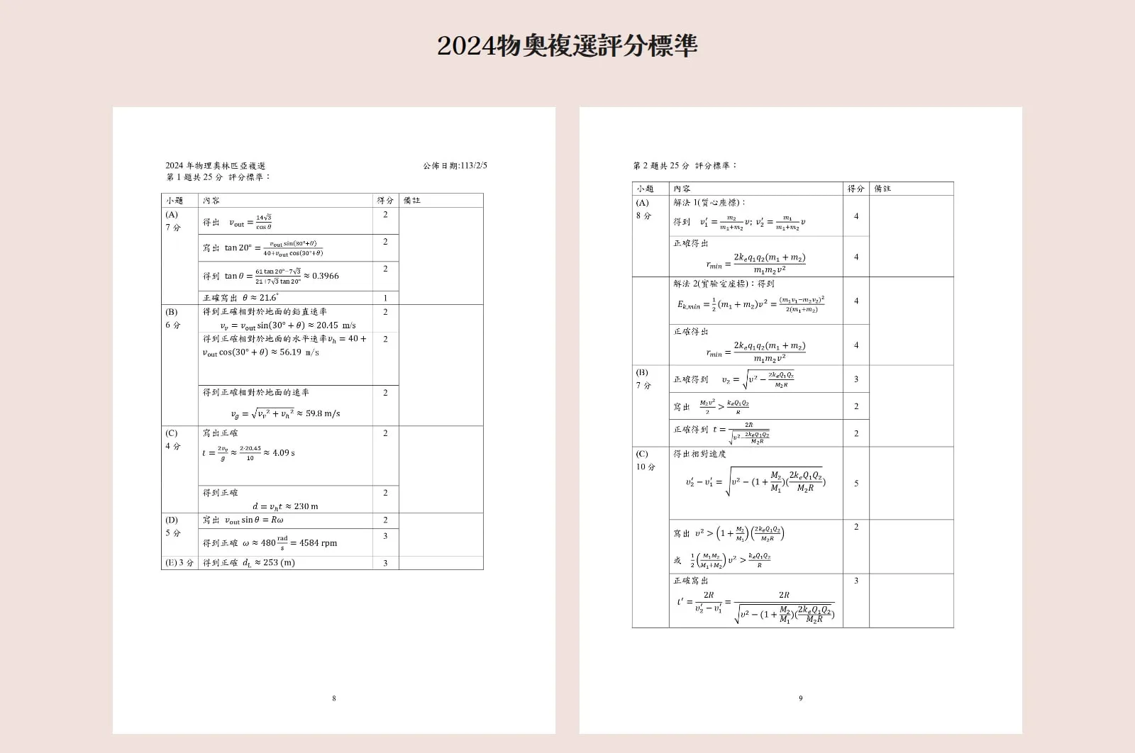 The marking band, on pink: the heading 2024物奧複選評分標準 and the first two pages of the official marking scheme, with the points for each step.