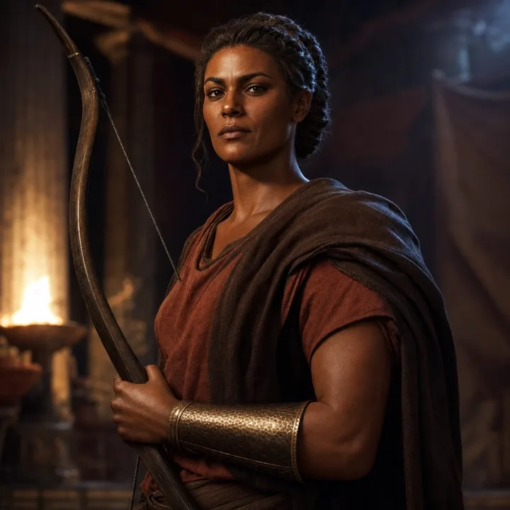 Portrait of the Steady Bow: an archer in a torch-lit Greek hall, holding a bow.