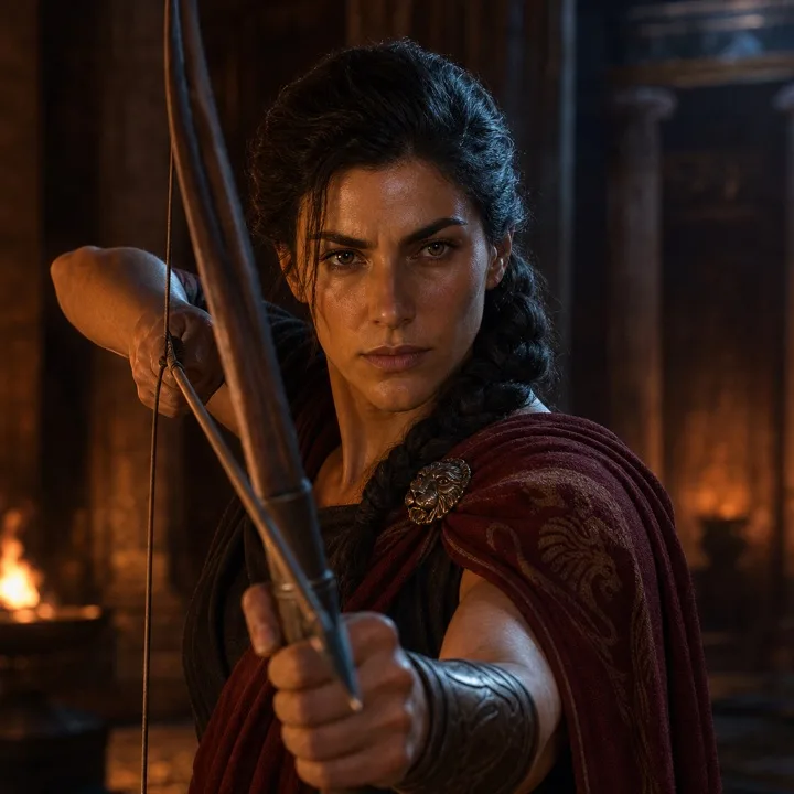 Portrait of the Fearless Archer: an archer in a torch-lit Greek hall, holding a bow.