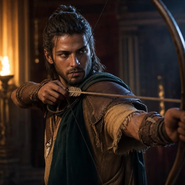 Portrait of the Hunter of Ithaca: an archer in a torch-lit Greek hall, holding a bow.