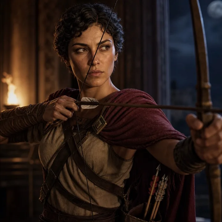 Portrait of the Adaptive Tactician: an archer in a torch-lit Greek hall, holding a bow.