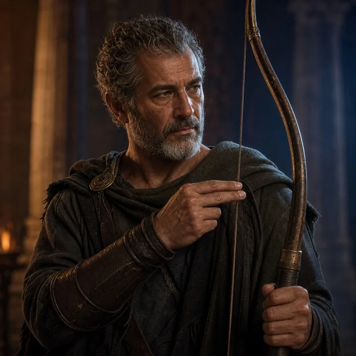 Portrait of the Keeper of the String: an archer in a torch-lit Greek hall, holding a bow.