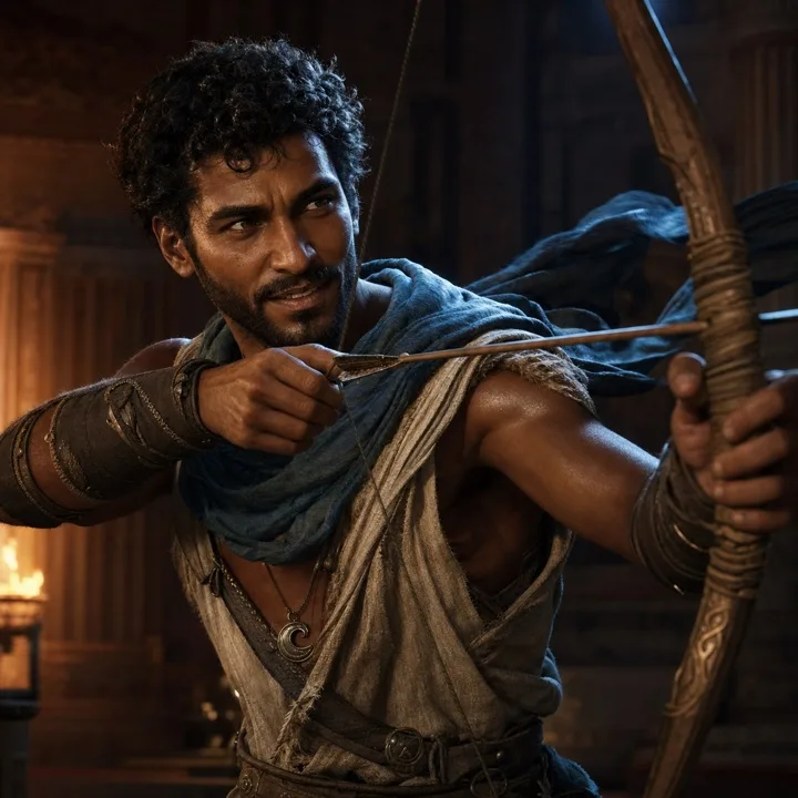 Portrait of the Wave-Breaker: an archer in a torch-lit Greek hall, holding a bow.
