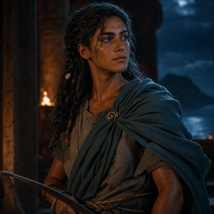 Portrait of the Wave-Listener: an archer in a torch-lit Greek hall, holding a bow.