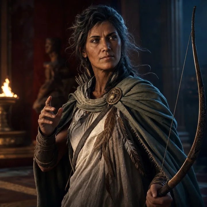 Portrait of the Wind-Reader: an archer in a torch-lit Greek hall, holding a bow.