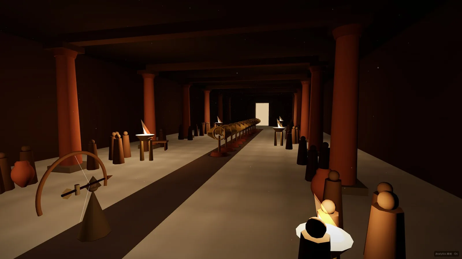 The great hall of Ithaca from the game. Twelve bronze axe heads stand in a row down a long hall lit by braziers, with a bright doorway at the far end and a bow in the foreground.